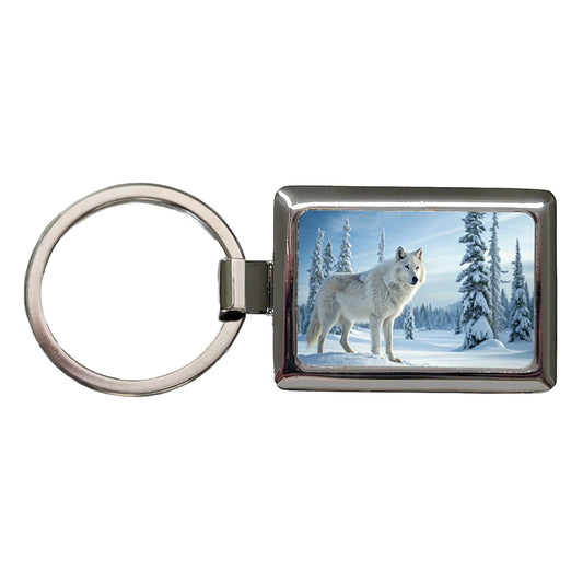Wolf In Snow Scene Beautiful Rectangle Metal Keychain