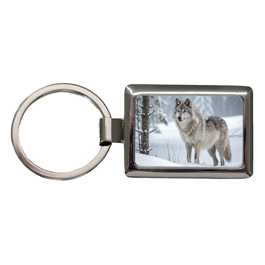 Wolf In Snow Scene Stunning Rectangle Metal Keychain