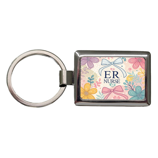 ER Emergency Room Nurse Appreciation Coquette Bows Flowers Rectangle Metal Keychain