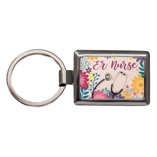 ER Emergency Room Nurse Appreciation Stethoscope Flowers Rectangle Metal Keychain