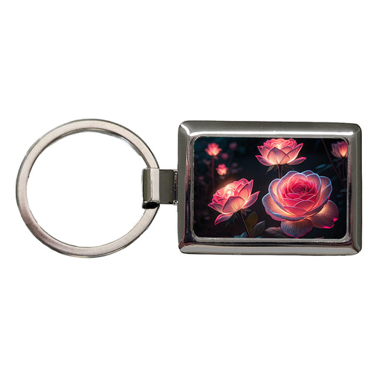 Glowing Pink Roses Beautiful Flowers Rectangle Metal Keychain