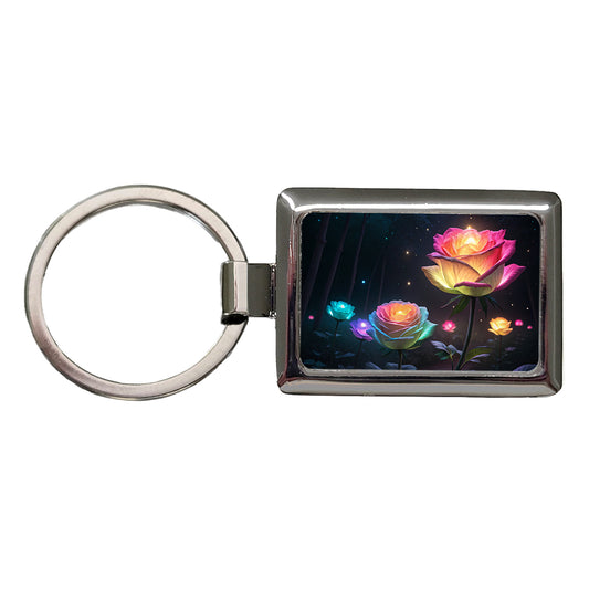 Glowing Roses Beautiful Flowers Rectangle Metal Keychain