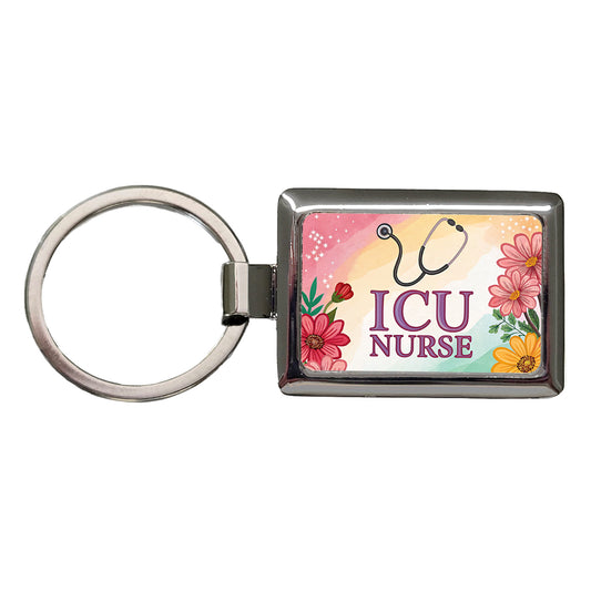 ICU Nurse Appreciation Stethoscope Flowers Floral Rectangle Metal Keychain