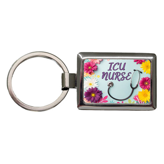 ICU Nurse Appreciation Stethoscope Flowers Rectangle Metal Keychain