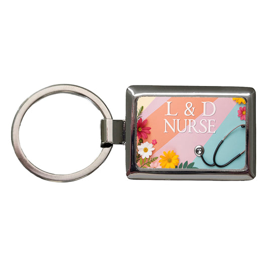 L & D Labor And Delivery Nurse Appreciation Stethoscope Flowers Rectangle Metal Keychain