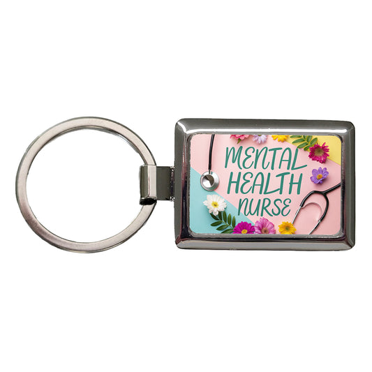 Mental Health Nurse Appreciation Stethoscope Flowers Rectangle Metal Keychain