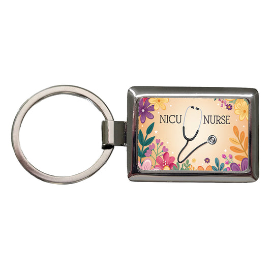 NICU Neonatal Nurse Appreciation Stethoscope Flowers Rectangle Metal Keychain