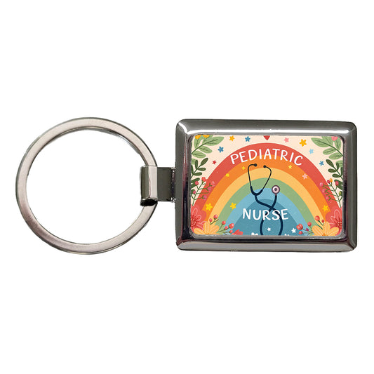 Pediatric Nurse Appreciation Stethoscope Flowers Rectangle Metal Keychain