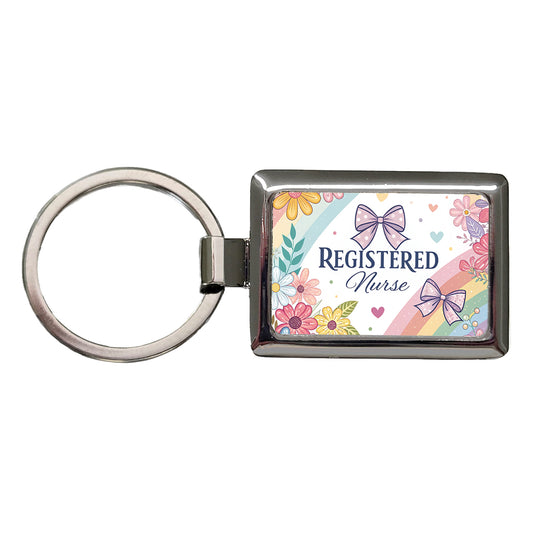Registered Nurse RN Appreciation Coquette Bows Flowers Floral Rectangle Metal Keychain
