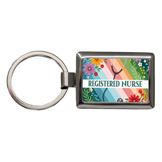 Registered Nurse RN Appreciation Stethoscope Colorful Flowers Rectangle Metal Keychain