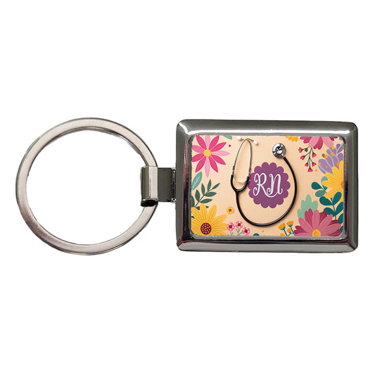 RN Registered Nurse Appreciation Stethoscope Flowers Rectangle Metal Keychain