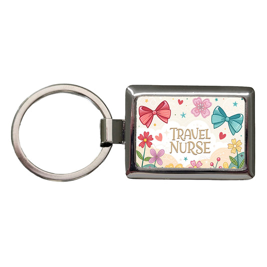 Travel Nurse Appreciation Coquette Bows Flowers Rectangle Metal Keychain