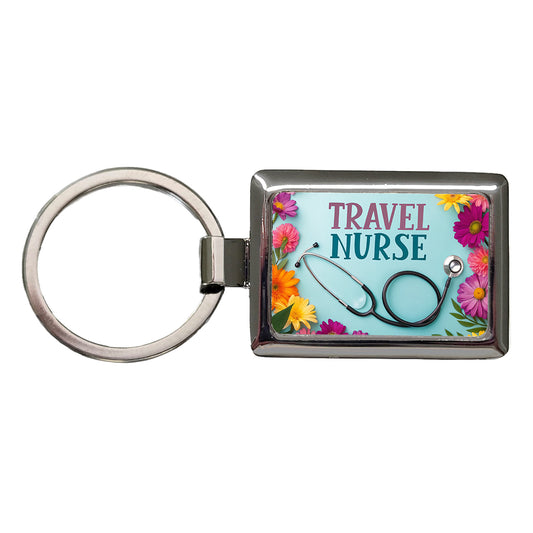 Travel Nurse Appreciation Stethoscope Flowers Rectangle Metal Keychain