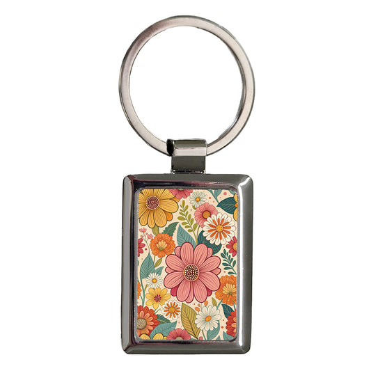 60s Sixties Groovy Flowers Floral Rectangle Metal Keychain