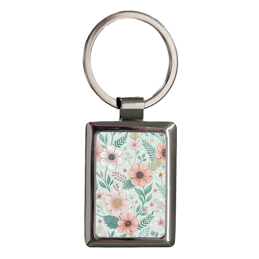 Adorable Floral Flowers Pink White Rectangle Metal Keychain