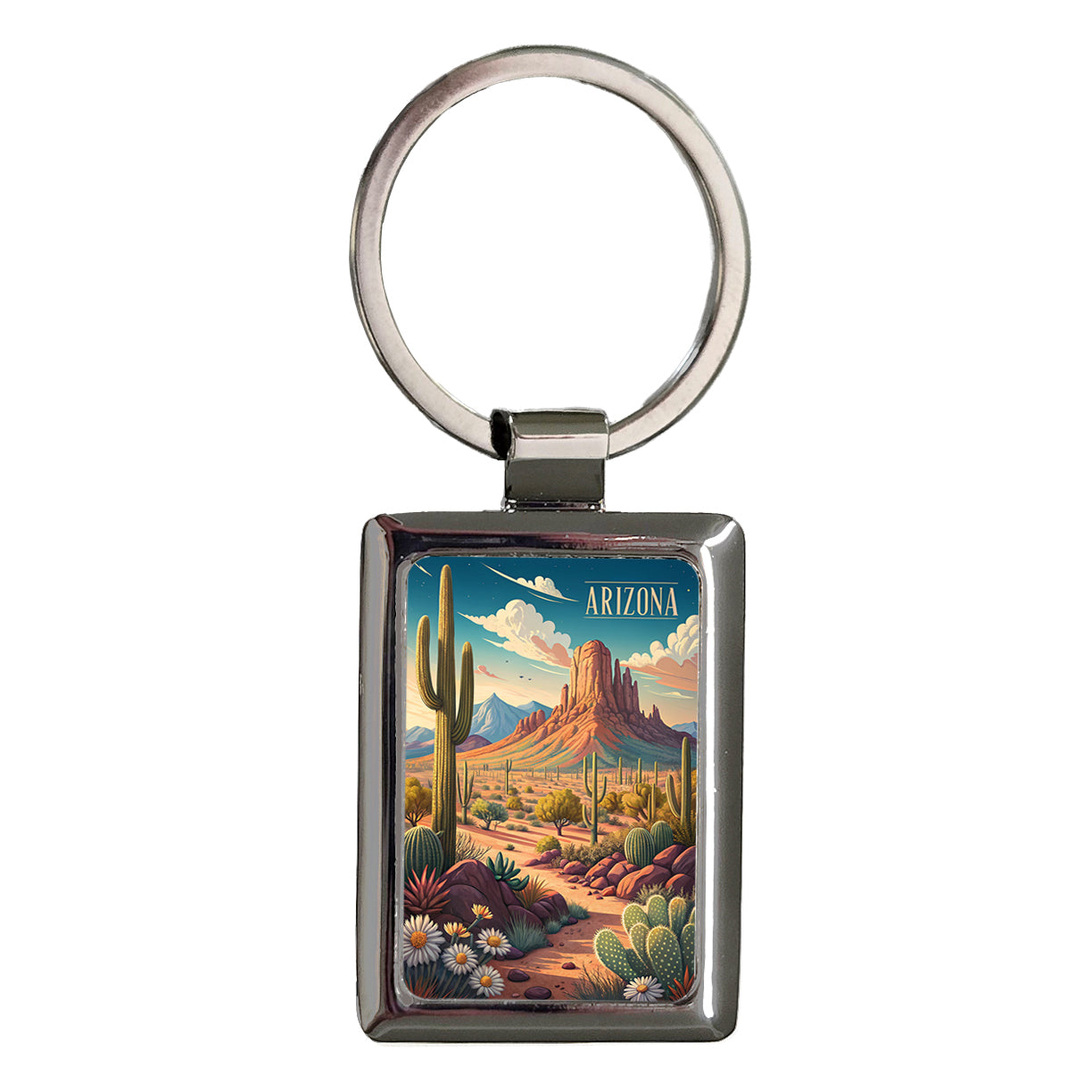 Arizona State Desert Cactus Flowers Mountain Scene Rectangle Metal Keychain