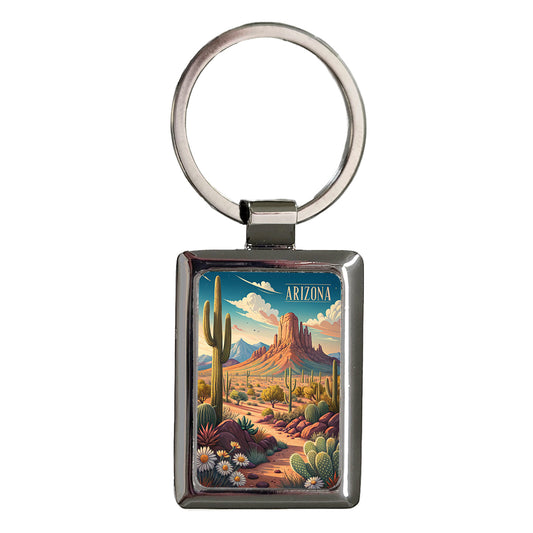 Arizona State Desert Cactus Flowers Mountain Scene Rectangle Metal Keychain