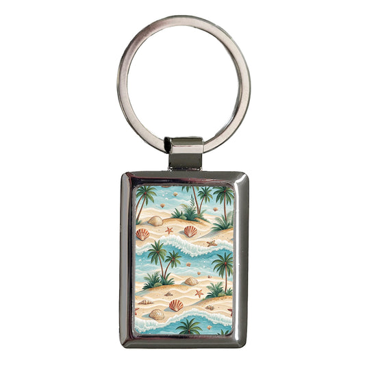 Beach Tropical Palm Trees Shells Background Vacation Rectangle Metal Keychain