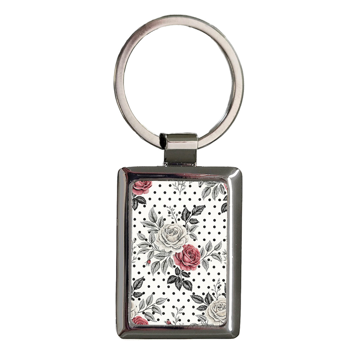 Black White Pink Roses And Polka Dots Rectangle Metal Keychain