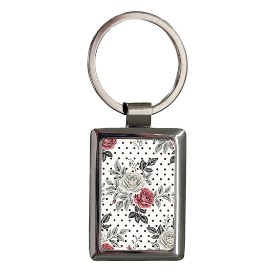 Black White Pink Roses And Polka Dots Rectangle Metal Keychain