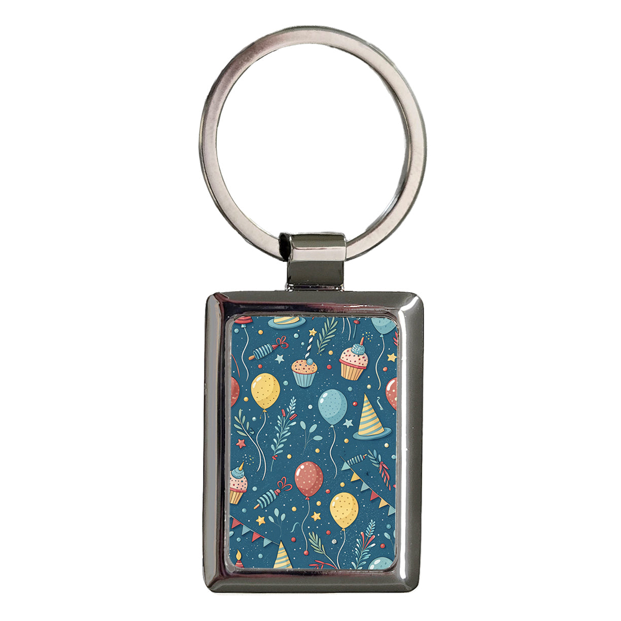 Blue Birthday Background Balloons Hats Cupcakes Rectangle Metal Keychain