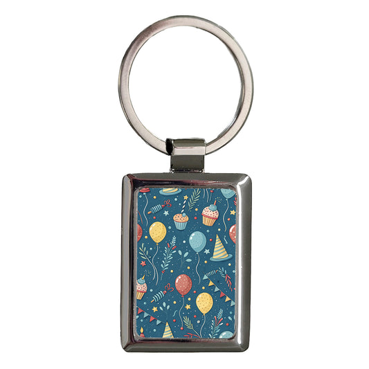 Blue Birthday Background Balloons Hats Cupcakes Rectangle Metal Keychain