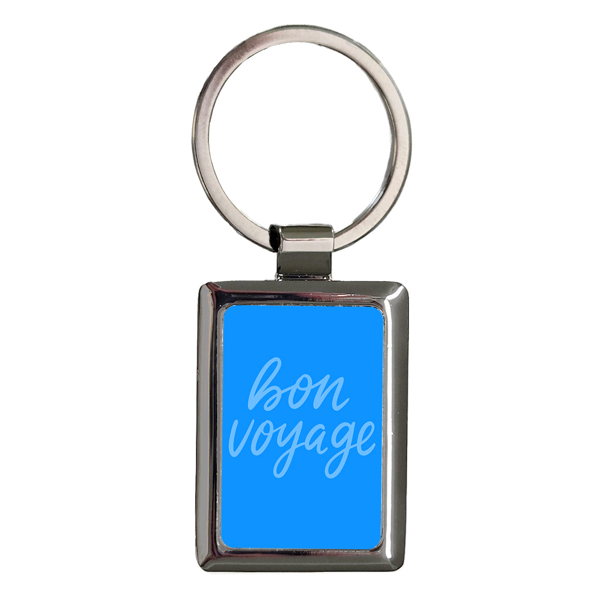 Bon Voyage Blue Script Rectangle Metal Keychain