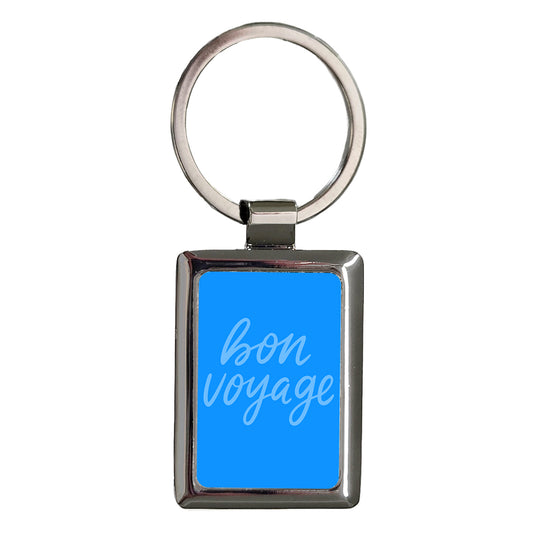 Bon Voyage Blue Script Rectangle Metal Keychain