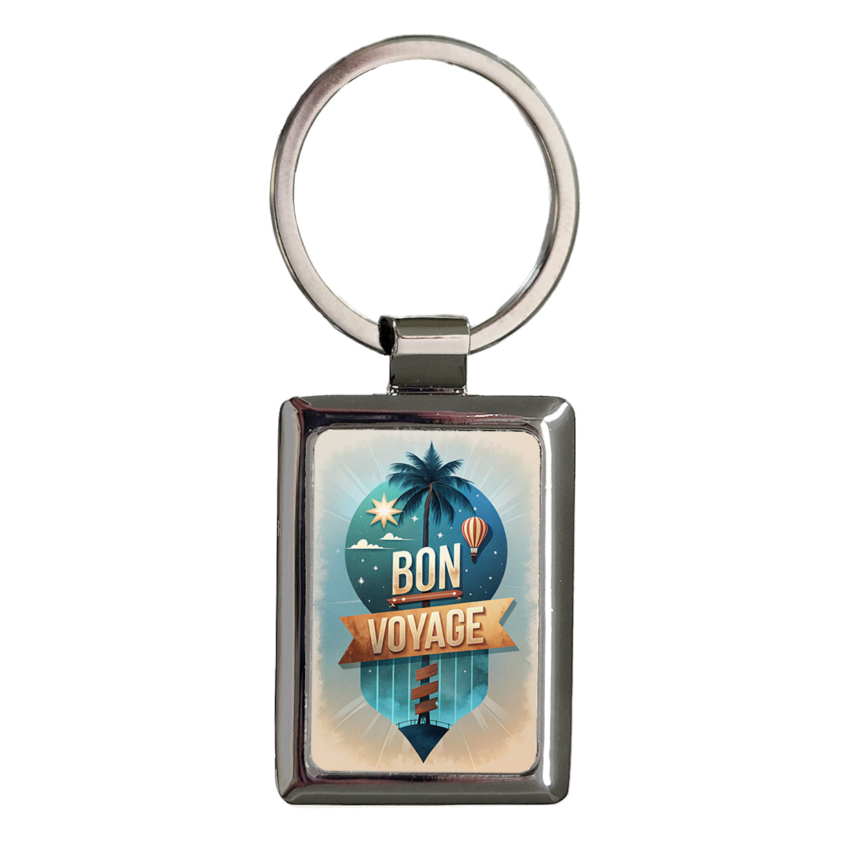 Bon Voyage Vacation Hot Air Balloon Palm Tree Rectangle Metal Keychain