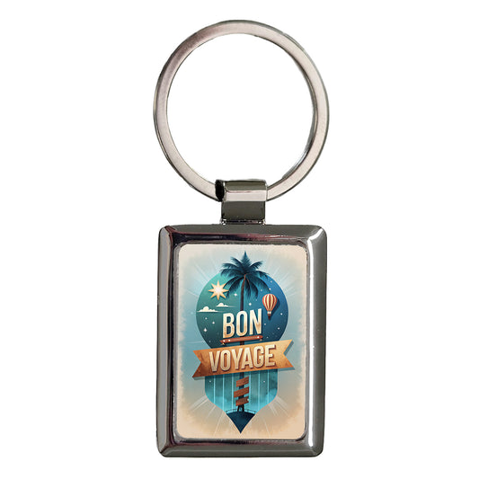 Bon Voyage Vacation Hot Air Balloon Palm Tree Rectangle Metal Keychain