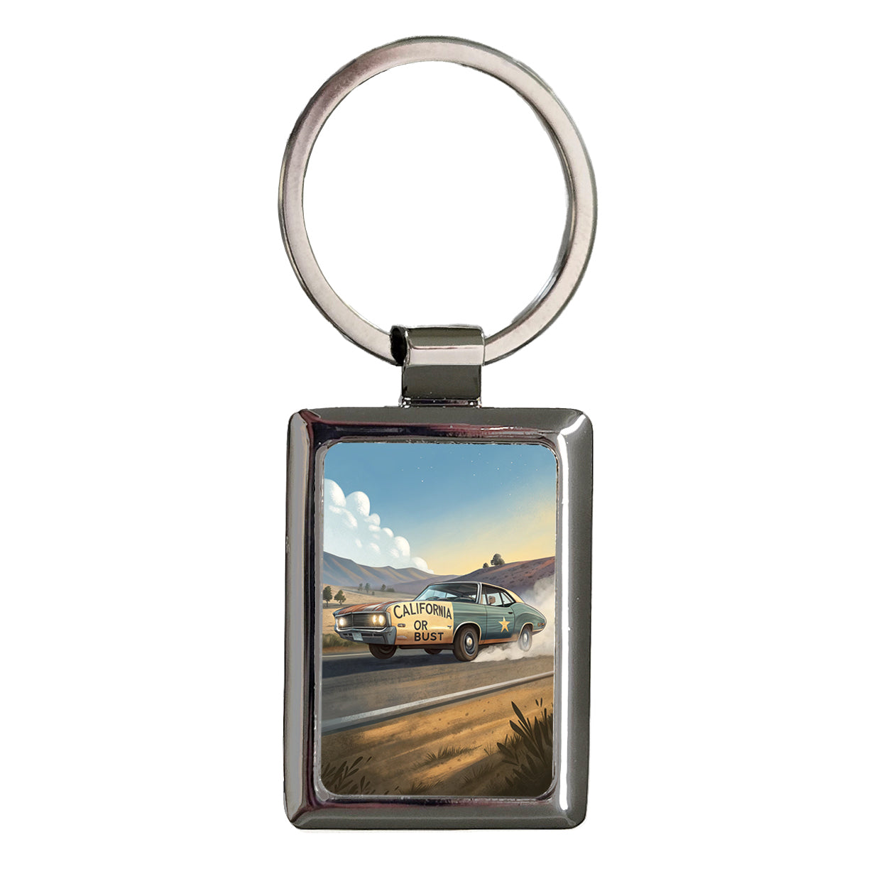 California Or Bust Retro Car Rectangle Metal Keychain
