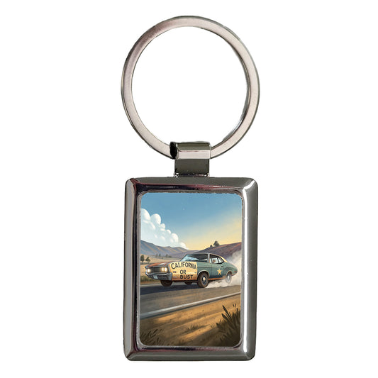California Or Bust Retro Car Rectangle Metal Keychain