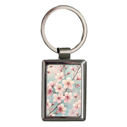 Cherry Blossom Flowers Pink Background Rectangle Metal Keychain
