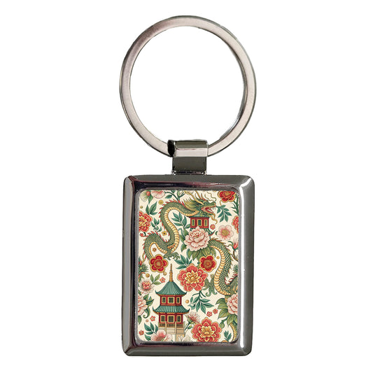 Chinoiserie Chinese European Background Rectangle Metal Keychain