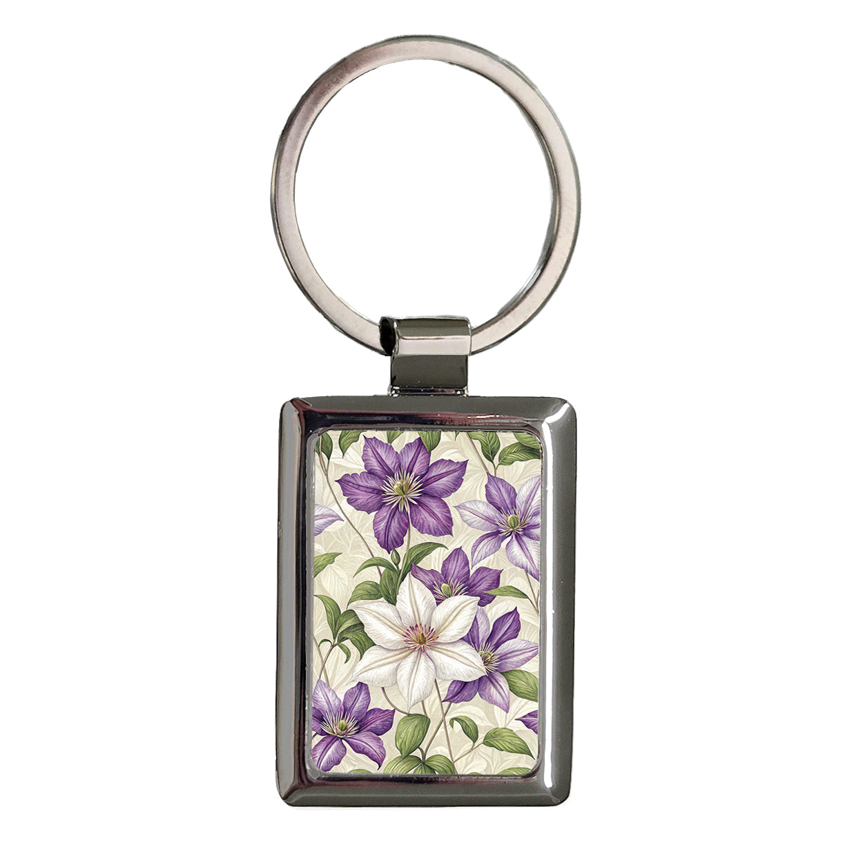 Clematis Flowers Purple White Rectangle Metal Keychain