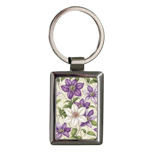 Clematis Flowers Purple White Rectangle Metal Keychain
