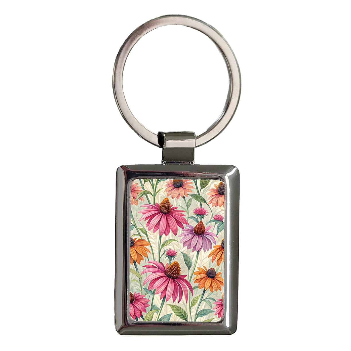 Coneflower Flowers Pink Orange Rectangle Metal Keychain