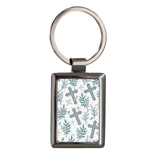 Crosses And Leaves Christian Background Rectangle Metal Keychain