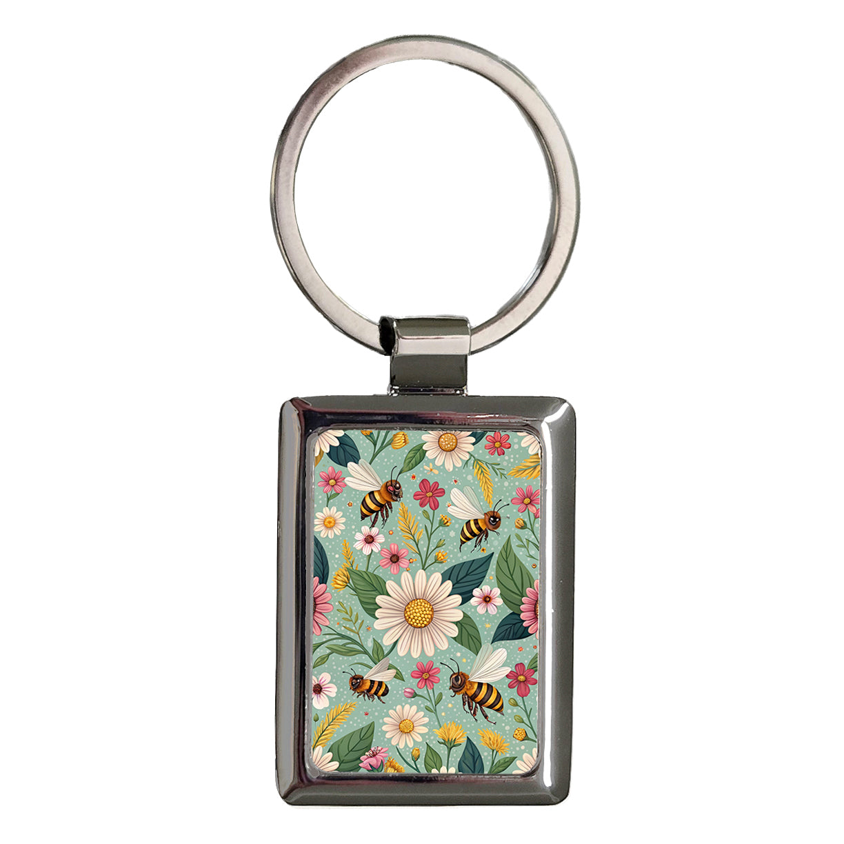Cute Bees And Flowers Rectangle Metal Keychain