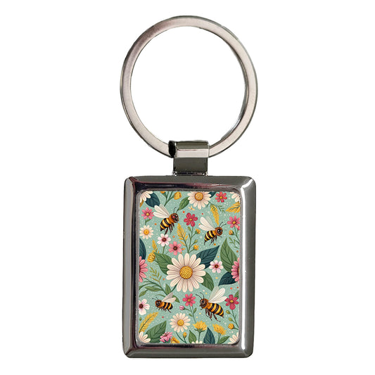 Cute Bees And Flowers Rectangle Metal Keychain