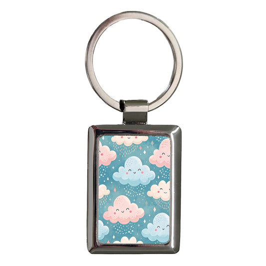Cute Clouds Smiling Pink Blue Rectangle Metal Keychain