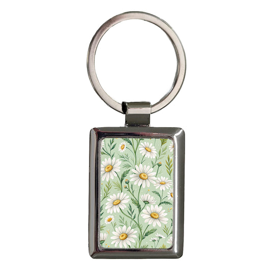 Daisy Flowers White Green Background Rectangle Metal Keychain