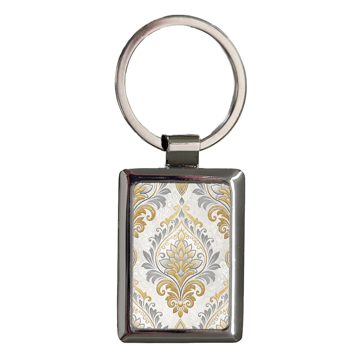 Damask Silver Gold Rectangle Metal Keychain