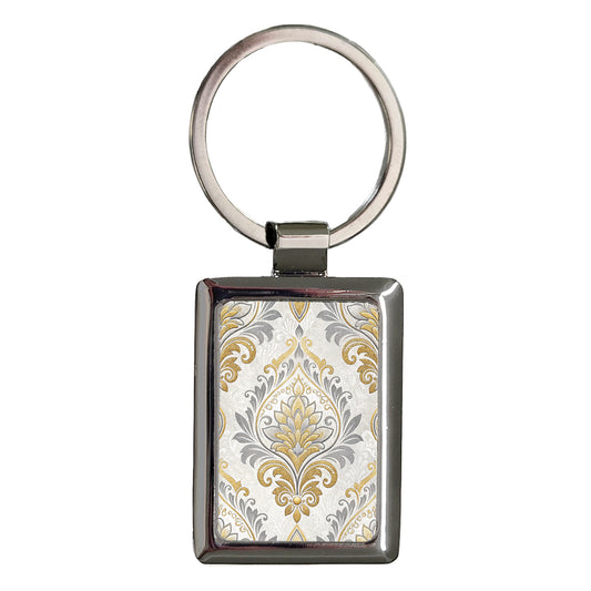 Damask Silver Gold Rectangle Metal Keychain