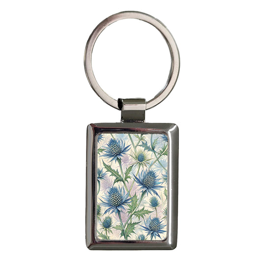 Eryngium Flowers Blue Floral Rectangle Metal Keychain