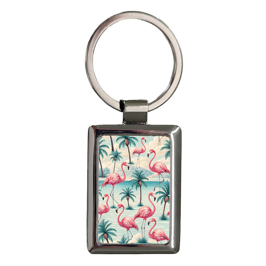 Flamingos Palm Trees Background Rectangle Metal Keychain