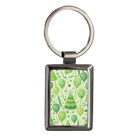 Green Birthday Background Balloons Cake Rectangle Metal Keychain