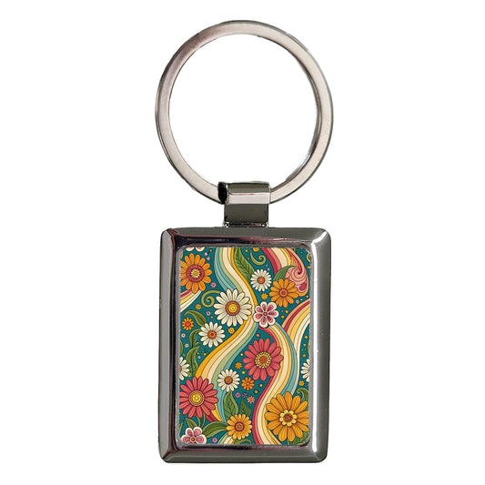 Groovy Flowers Swirls Cute Background Rectangle Metal Keychain