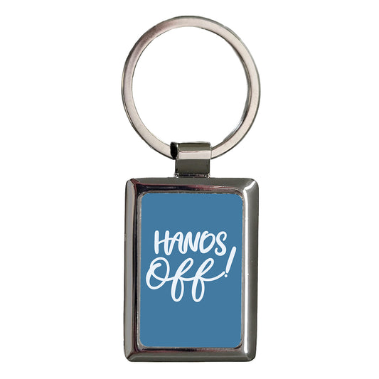 Hands Off Funny Blue Rectangle Metal Keychain