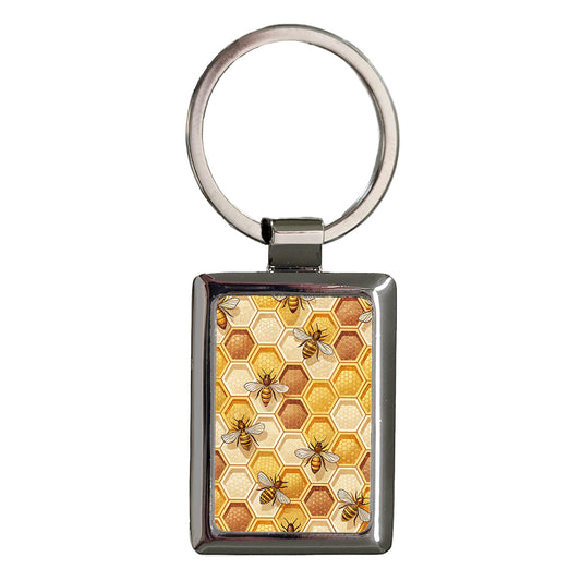 Honeycomb And Bees Pattern Rectangle Metal Keychain